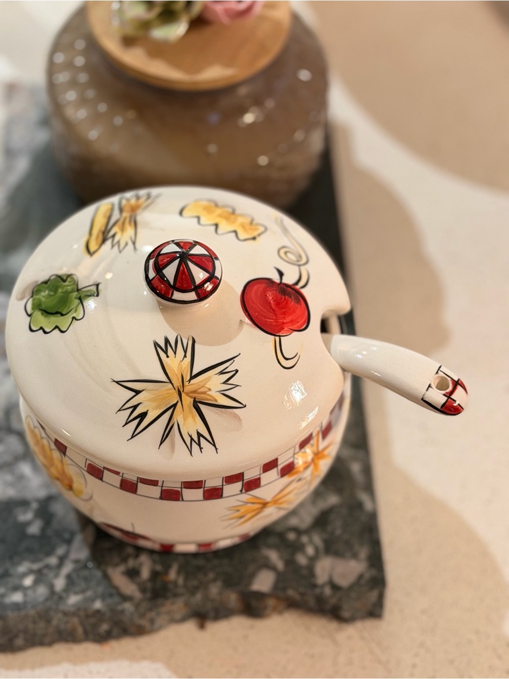 Hand-Painted White Ceramic cheese serving Bowl with Red and Yellow Motifs